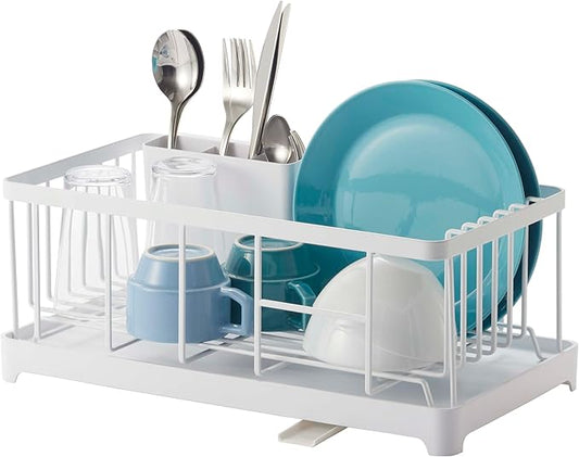 YAMAZAKI Home Tower Wire Dish Drainer Rack with Removable Drainer Tray with Drainage Spout, Utensils Holder - Steel -