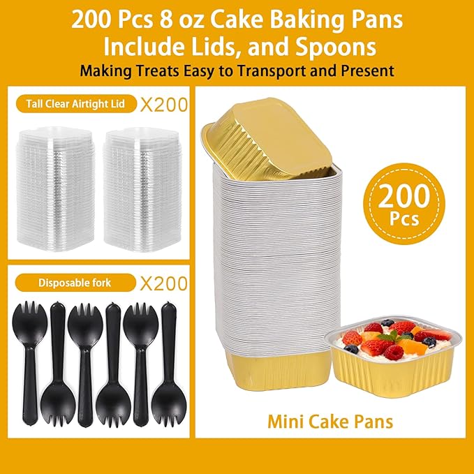 200 Pack 8 oz Gold Mini Aluminum Cake Pans with Lids and Spoons, Disposable Square Baking Cups, Oven Safe Foil Ramekins for Individual Desserts, Cupcakes, Cheesecakes Ramekins Muffin
