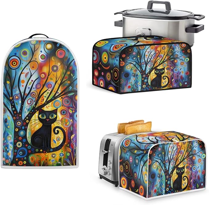 Modern Art Cat Slow Cooker Cover Toaster Covers Stand Mixer Cover Set of 3,Black Cat 4 Slice Toaster Cover Stain Resistant Blender Cover for Home Kitchen Decor (Blue)