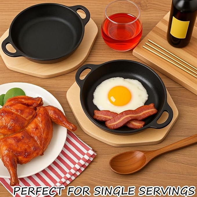 Mini Cast Iron Skillets Set of 6, 5 x 5 x 1.3 Inch Small Cast Iron Pan with Handles, Mini Ramekins Round Black Casserole Dish Cookware Small Skillets for Serving Food Frying Baking Cooking Roasting
