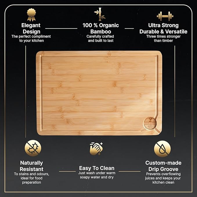 Deer & Oak Large Bamboo Chopping Board 38 x 25 x 2cm, Premium Wooden Kitchen Cutting Board for Meat & Vegetables, Pre-Oiled, Water Resistant, Knife-Friendly