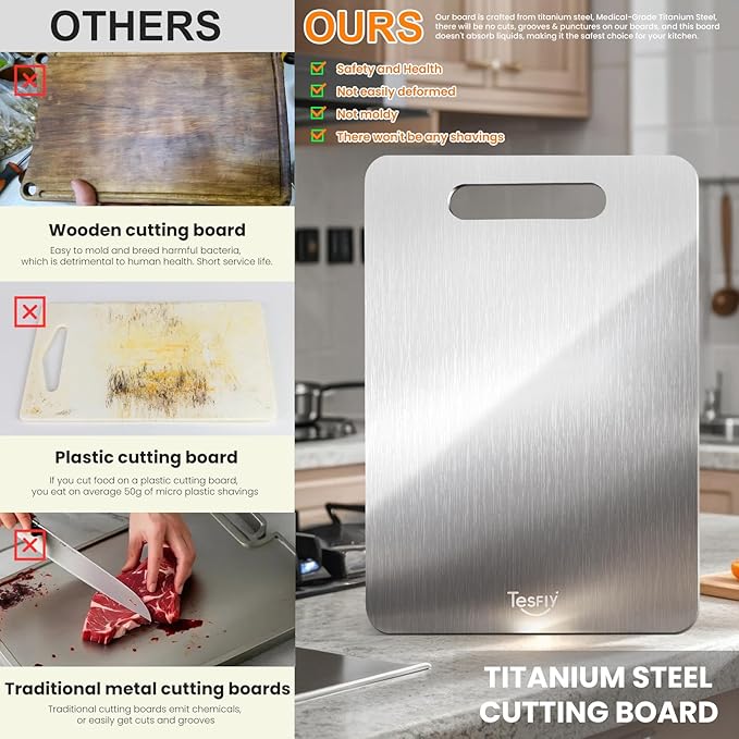 2 Pack Titanium Cutting Board -100% Pure Titanium Cutting Boards For Kitche,Easy to clean, Double-sided food-grade Cutting Board For Meats, Fruits And Vegetables (13 * 9)