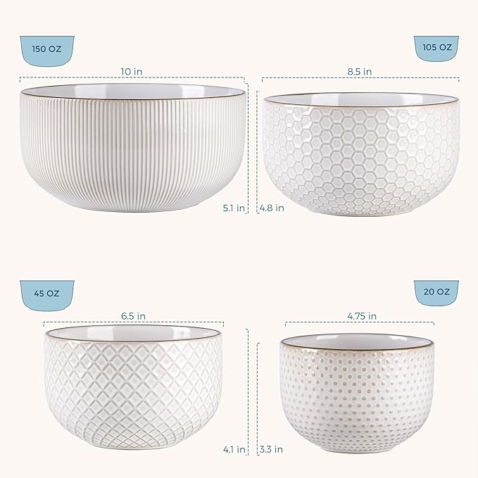 GBhome Ceramic Mixing Bowls Set, 20/45/105/150 oz, Stoneware Nesting Set of 4 embossed Kitchen Serving Bowls, Prep, Baking, Serving, Gift, Microwave and Dishwasher Safe, Dishware Collection-Off White