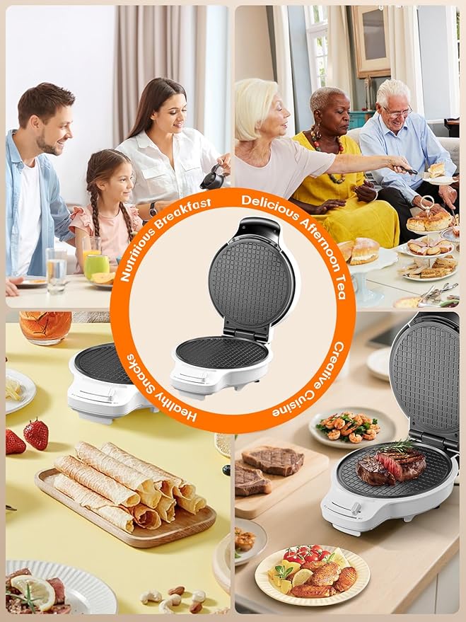 FOHERE Waffle Cone Maker Machine and Ice Cream Bowl Maker with Temperature Control, Double Side Nonstick Waffle Bowl Maker with Cone Roller, 7.5” Thin Waffle Maker for Home Kitchen (White)