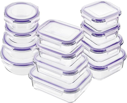 Bayco Glass Food Storage Containers with Lids, [24 Piece] Meal Prep Containers, Airtight Bento Boxes, Leak Proof (12 lids & 12 Containers) - Purple