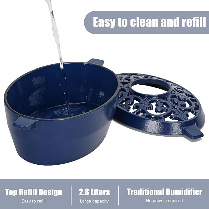 Wood Stove Steamer Humidifier, 2.5 Quart Cast Iron Pot with Porcelain Enamel Coating & Lattice Top, Rust Resistant, Decorative Humidifier for Fireplace, Home Indoor Use (Blue)