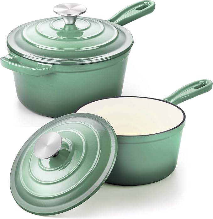 1 Qt & 2 Qt Saucepan Set, Leonyo Enameled Cast Iron Sauce Pan, Cast Iron Dutch Oven Kitchen Small Pots for All Cooktops Cooking Pasta, Milk, Oatmeal - Up to 500°F, Pistachio Green