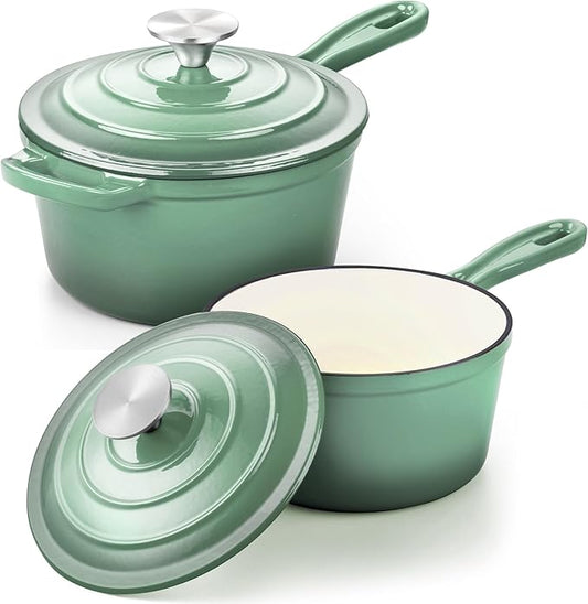 1 Qt & 2 Qt Saucepan Set, Leonyo Enameled Cast Iron Sauce Pan, Cast Iron Dutch Oven Kitchen Small Pots for All Cooktops Cooking Pasta, Milk, Oatmeal - Up to 500°F, Pistachio Green