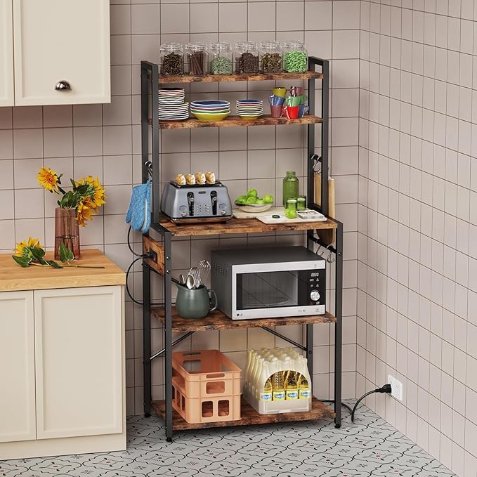 Luckyeestar 5 Tier Kitchen Bakers Rack with Power Outlet，25.2 Inch Metal Storage Shelf for Microwave, Coffee Bar, Spice Organizer, Freestanding Kitchen Cart with Hooks