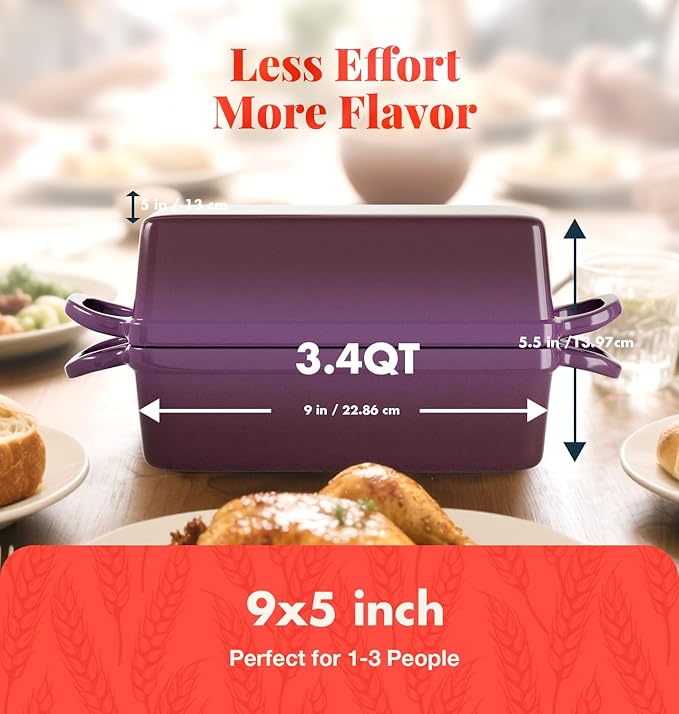 2 IN 1 Cast Iron Bread Loaf Pan with Lid, 3.4QT 9x5 Inch Dutch Oven for Bread Baking, Even Heating Bread Oven, Enameled Bread Pan for Homemade Sourdough Bread Baking & Versatile Cooking, Purple