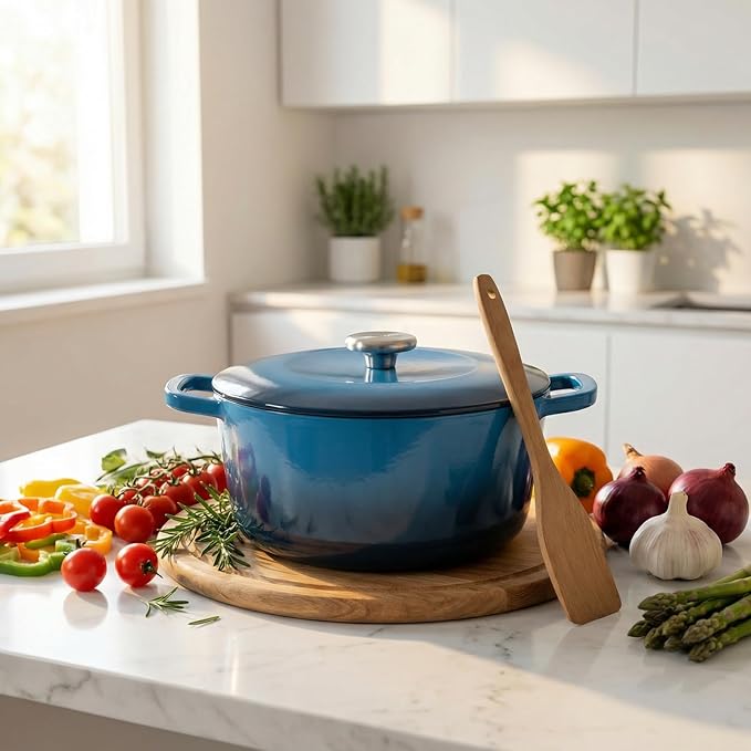 7QT Enamel Cast Iron Dutch Oven with Lid,Dual Handles,Versatile Heavy-Duty Non-toxic Cookware for Sourdough Bread Baking,Braising,Stews,Roasting,Oven Safe up to 500°F blue