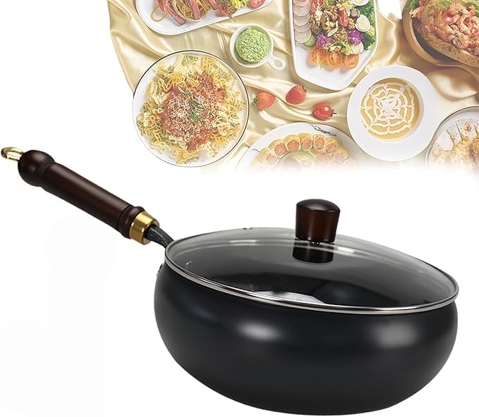 Cast Iron Skillet, Uncoating Cast Iron Pot, Japanese Hand-Forged Non-Stick Ironpan, Hand Forged Frying Pan with Lid and Wooden Handle, for Gas Stoves Induction Hobs (Glass Lid)