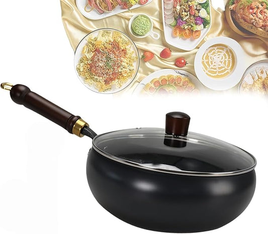 Cast Iron Skillet, Uncoating Cast Iron Pot, Japanese Hand-Forged Non-Stick Ironpan, Hand Forged Frying Pan with Lid and Wooden Handle, for Gas Stoves Induction Hobs (Glass Lid)