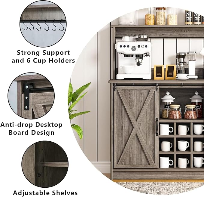 4ever2buy Farmhouse Coffee Bar Cabinet with Hutch, 47 Inch Wine Bar with Storage, Buffet Cabinet with Adjustable Shelves & 9 Wine Racks, Kitchen Buffet Cabinet for Dining Living Room, Grey