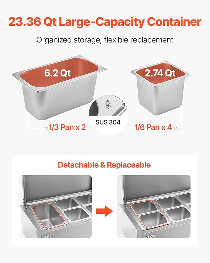 VEVOR Refrigerated Condiment Prep Station, 130 W Countertop Refrigerated Condiment Station, with Two 1/3 Pans & Four 1/6 Pans, 304 Stainless Body and PC Lid, Sandwich Prep Table with Stainless Guard