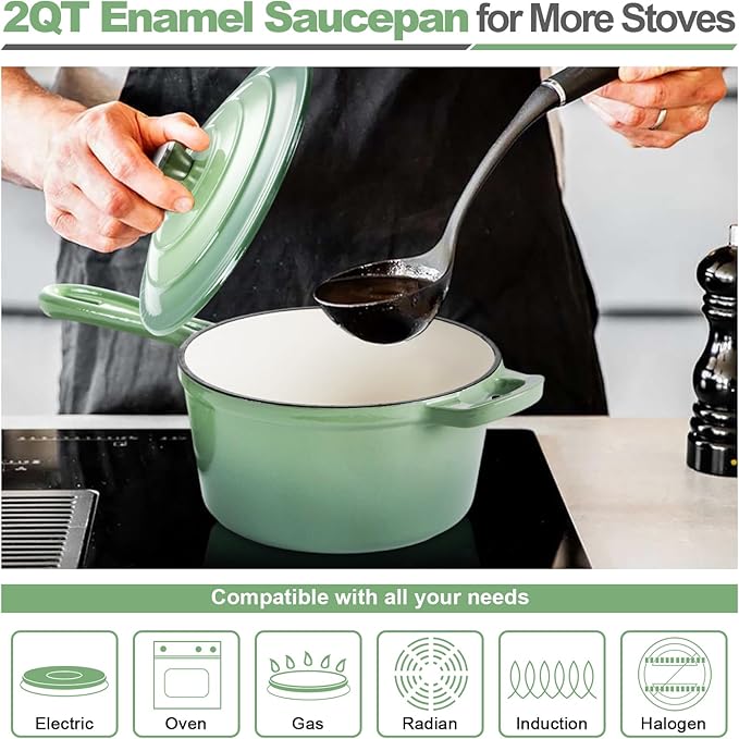 HaSteeL 2 QT Cast Iron Saucepan, Mini Enamel dutch oven with lid, Small Non Stick Pan for Milk, Pasta Tomato Sauce, Butter, Breakfast, Soup, Suitable for Boiling Stewing Frying, Easy to Clean, Green