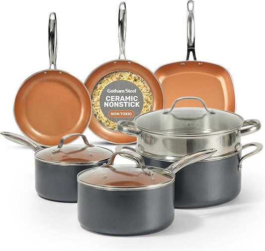 Gotham Steel 12 Pc Ceramic Cookware Set Nonstick, Ceramic Pots and Pans Set Non Stick with Steamer for Cooking, Non Toxic PFOA PFOS Free, Ergonomic Stay Cool Handles, Oven & Dishwasher Safe, Copper