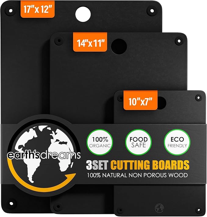 Composite Wood Cutting Board Set of 3 – Dishwasher Safe, Non-Toxic & Plastic-Free Cutting Boards for Kitchen – Extra Large, Large & Small Non-Slip Wood Charcuterie & Chopping Boards (Black)