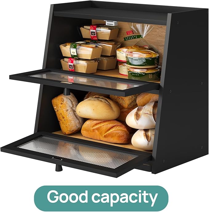 Bread Box for Kitchen Counter, Black Bread Box With Cutting Board, Bamboo Wood Large Capacity Bread Storage Bin with Acrylic Wavy Door Panel