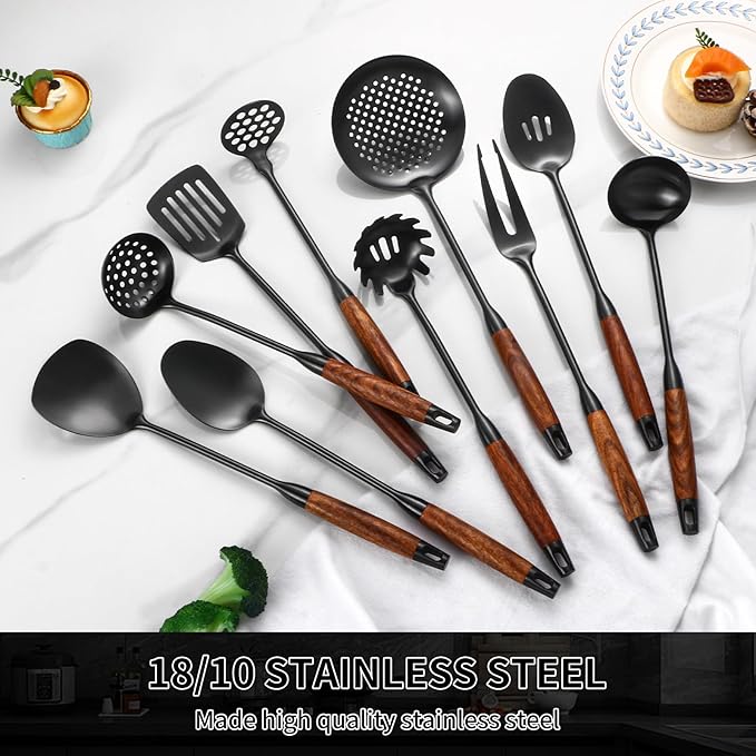 18/10 Stainless Steel Kitchen Utensils Set with Wood Handle Metal Cooking Utensils Set 10 Piece - Spatula, Spoon, Ladle, Skimmer, Slotted Turners, Pasta,Turner, Ladl, Fork