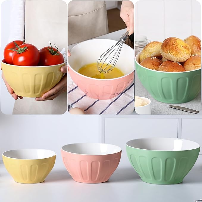 Lareina Ceramic Mixing Bowls for Kitchen, Large Nesting Mixing Bowl Set for Serving, Baking, Food Prepping, Cooking, Salad, Sourdough, Gift, Microwave Safe, Big 3.2/1.7/1.2 Qt, Set of 3, Pastel Color