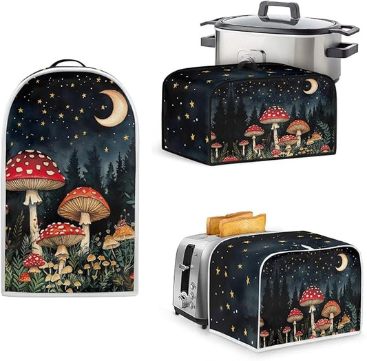 Mushrooms Moon 2 Slice Toaster Cover Small Appliance 3-Pcs Set,Bread Toaster, Blender and Slow Cooker Cover Dust and Fingerprint Protection, Machine Washable Kitchen Decor (Black)
