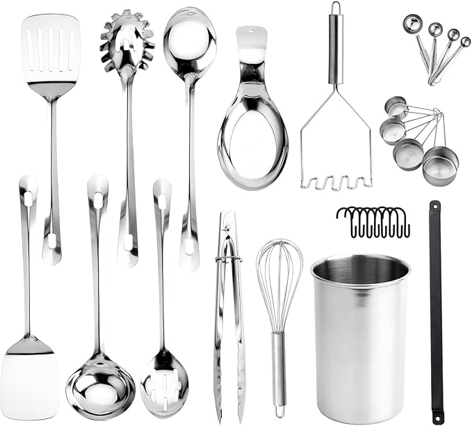 COOK WITH COLOR Kitchen Utensil Set - 28-piece premium Nonstick & Heat Resistant Kitchen Gadgets, Turner, Spaghetti Server, Serving Spoons, Whisk, Tongs, Masher & Utensil Holder, Stainless Steel