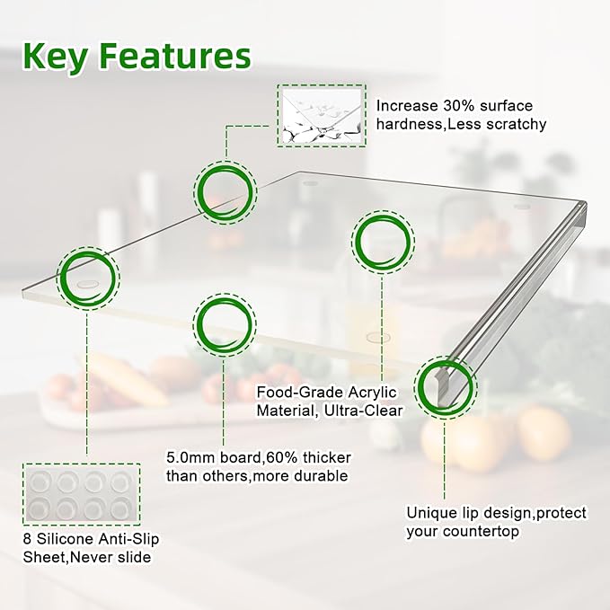 Acrylic Cutting Board with Counter Lip,17.5"x13.5" Clear Cutting Board for Kitchen Countertop,Non-Slip,60% Thicker,Perfect for Bread,Meat,Veggies & More,Great Kitchen Essential Gadgets & Decor
