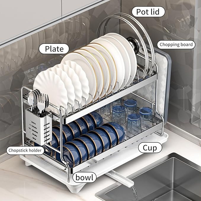 Dish Drying Rack, Double Layered countertop Kitchen Organizer with Drainage Large Bowl Rack and Storage Rack with Drainage Board