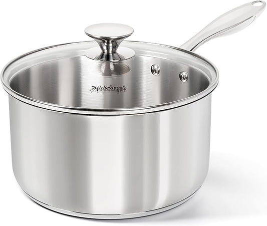 MICHELANGELO 4 Quart Saucepan with Lid, Thick Bottom Stainless Steel Saucepan with Cover, 4 QT Sauce Pot, Induction Ready & Dishwasher Safe