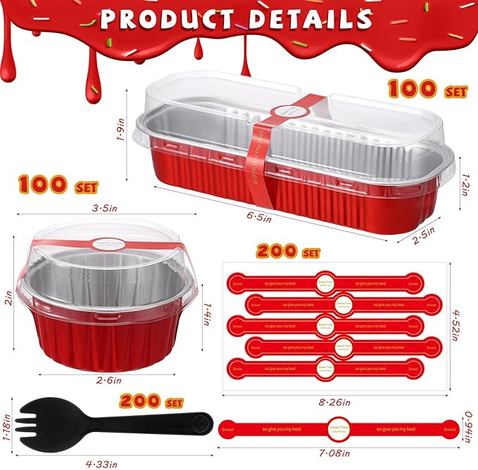 600 Pcs Valentine's Day Red Mini Loaf Pans with Lids and Spoons Sealing Stickers 6.8oz Disposable Aluminum Foil Muffin Baking Pans 5oz Cupcake Cups Cake Containers for Valentines Holidays Party