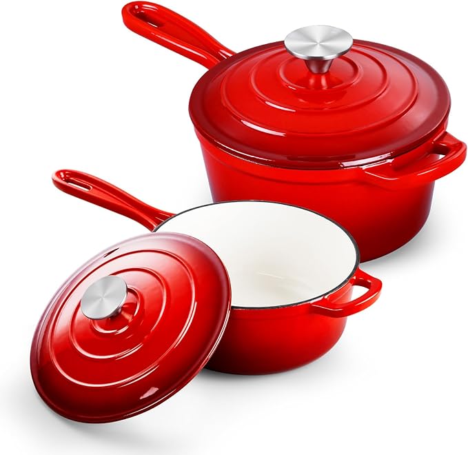 TeamFar 1+2QT Enameled Cast Iron Sauce Pan, Small Sauce Pot with Lid, Mini Dutch Oven Saucepan for Cooking/Simmering/Baking/Boiling, Sturdy & Nonstick, Oven Safe & Fit for Induction - Red