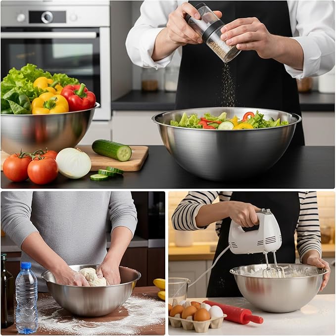 Honeydak 6 Pcs 304 Stainless Steel Mixing Bowls with Graduations, Salad Bowls Metal Serving Reusable Baking Food Storage Containers for Baking Cooking Salads Soups Ice Cream Noodles (101 oz)