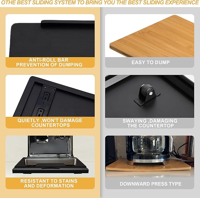 MinBoo Bamboo Appliance Slider,Sliding Tray for Coffee Maker, Kitchen Countertop Appliance Rolling Tray,Slides Easily from Under The Cabinet,Wide -Black- Large (16" Wx13 D)