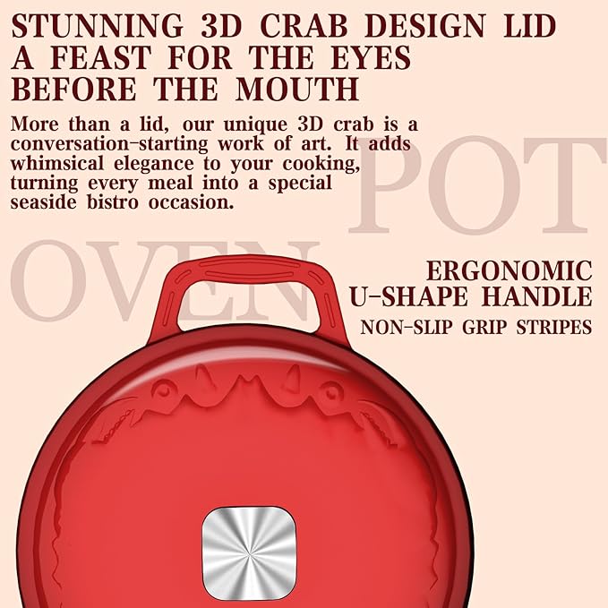 Enameled Cast Iron Dutch Oven - 5 Quart, Exclusive Designed Crab Lid, Oversized Knob, for Bread Baking Braiser Cooking - Red
