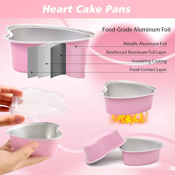200 Pack 3.4 oz Pink Heart Shaped Mini Cake Pans with Lids, Disposable Aluminum Foil Pans for Valentine's Day Gifts, Cheesecake, Brownies & Romantic Parties