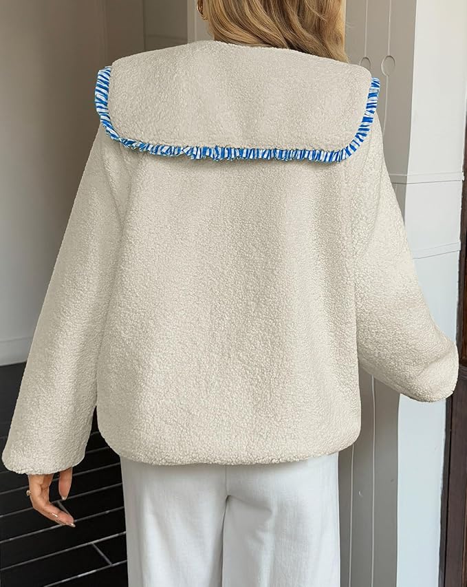 Tankaneo Womens Fuzzy Fleece Jacket Peter Pan Collar Button Down Fall Winter Sherpa Coats Colorblock Cute Warm Outerwear