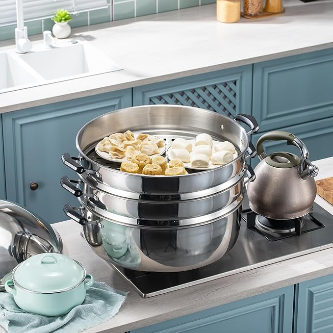 LetFeng Steamer Pot for Cooking 19 inch Steam Pots with Lid 3-Tier Multipurpose Stainless Steel Steaming Pot Cookware with Handle for Vegetable, Dumpling, Stock, Sauce, Food