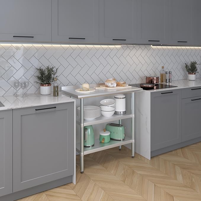AmGood Stainless Steel Work Table with 1.5" Backsplash and 2 Shelves | Metal Kitchen Food Prep Table | NSF (36" Long x 18" Deep)