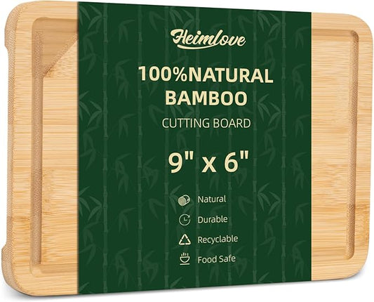 Heimlove 9” x 6” Mini Bamboo Cutting Board, Small Wooden Cutting Boards for Kitchen Charcuterie Boards with Juice Groove and Handles, Chopping Board for Fruit, Vegetables and Cheese