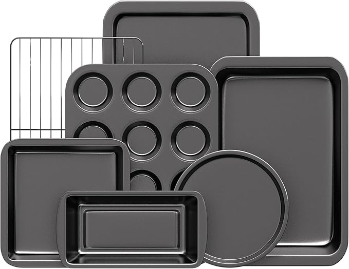 KITESSENSU Baking Pans Sets, Nonstick Bakeware Sets 7-Piece with Round/Square Cake Pan, Loaf Pan, Muffin Pan, Cookie Sheet, Roast Pan, Cooling Rack, Carbon Steel Bake Set