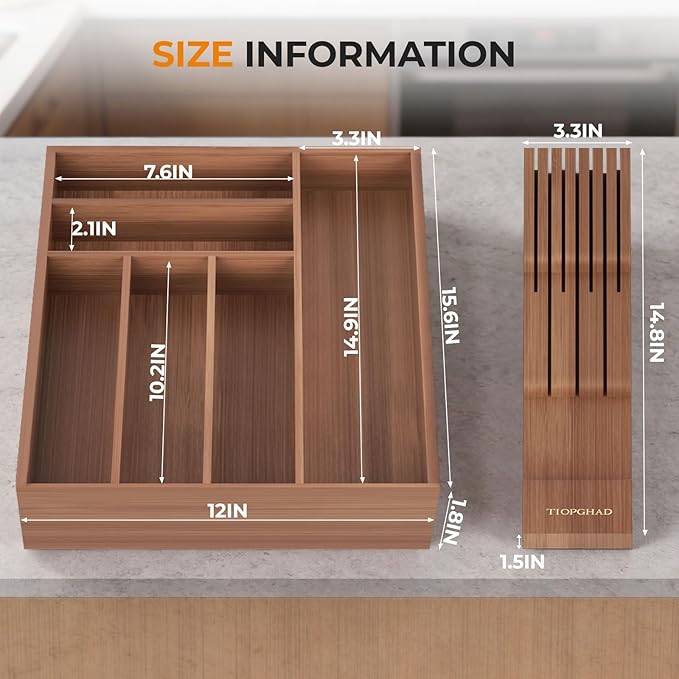 Small-Bamboo-Silverware-Drawer-Organizer, Expandable Utensil Kitchen Cutlery Tray Flatware Organization Wood Tableware Dividers Storage (with Removable Knife Block)(Brown)