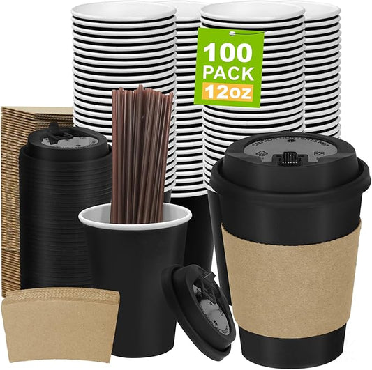 100 Pack 12 oz Disposable Coffee Cups with Lids and Sleeves, Leak-Proof To Go Coffee Cups, PLA Black Paper Coffee Cups for Hot Beverage