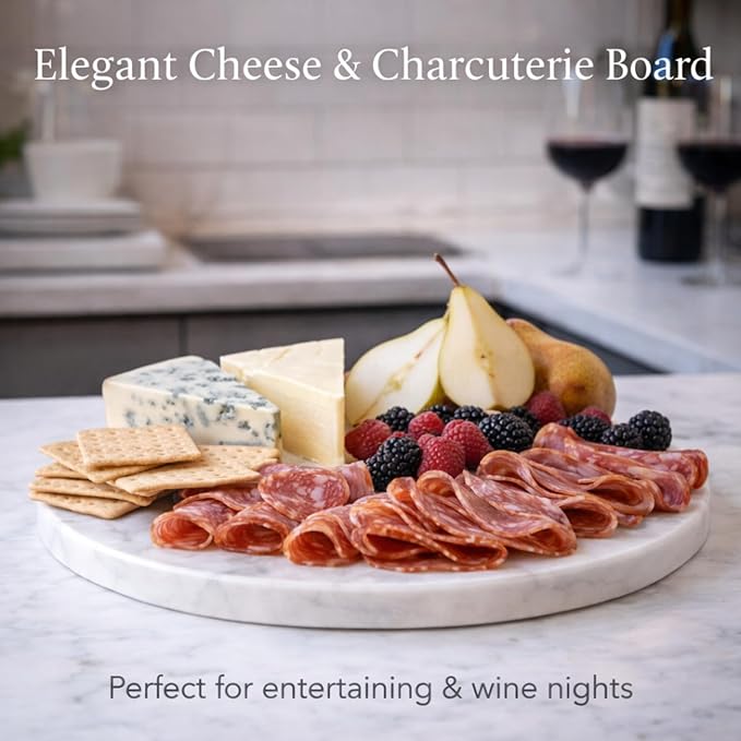 11-Inch Round Marble Cheese Board – Solid White Natural Stone Cutting Board & Charcuterie Serving Tray with Non-Slip Feet, 0.5” Thick, Easy to Clean.