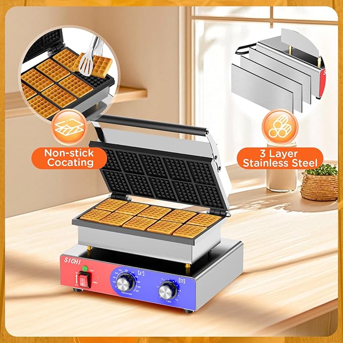 Square Waffle Maker - Commercial Waffle Iron w/Non-stick Baking Pans, 550 ℉ Temperature and Timers, 1550W Hotel Waffle Machine for Double Baking, Professional Stainless Steel Waffle Maker