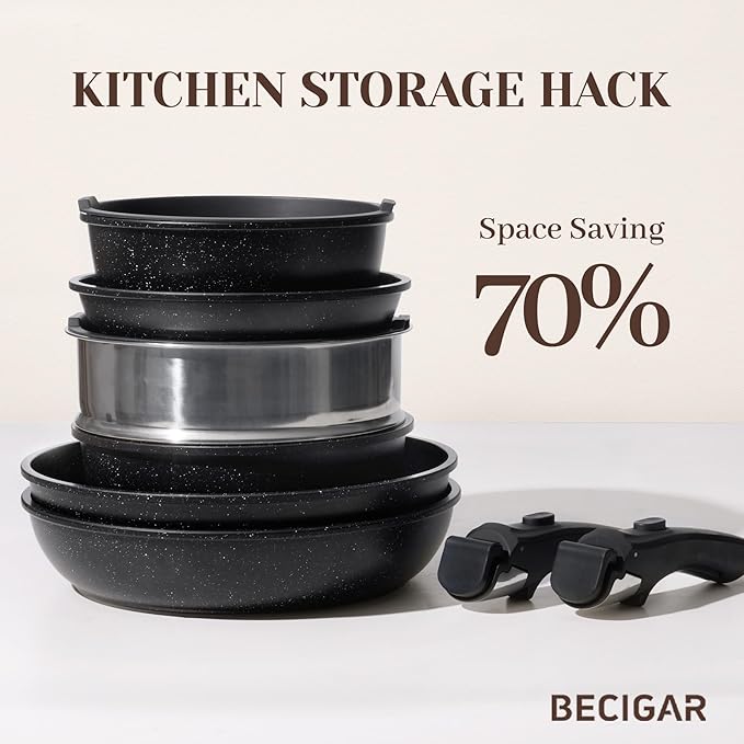 21PCS ceramic cookware set,Nonstick ceramic pan, Removable Handle pots and pans set, Stackable Pan Set, Nonstick Pots and Pans Set Non Stick(Black)