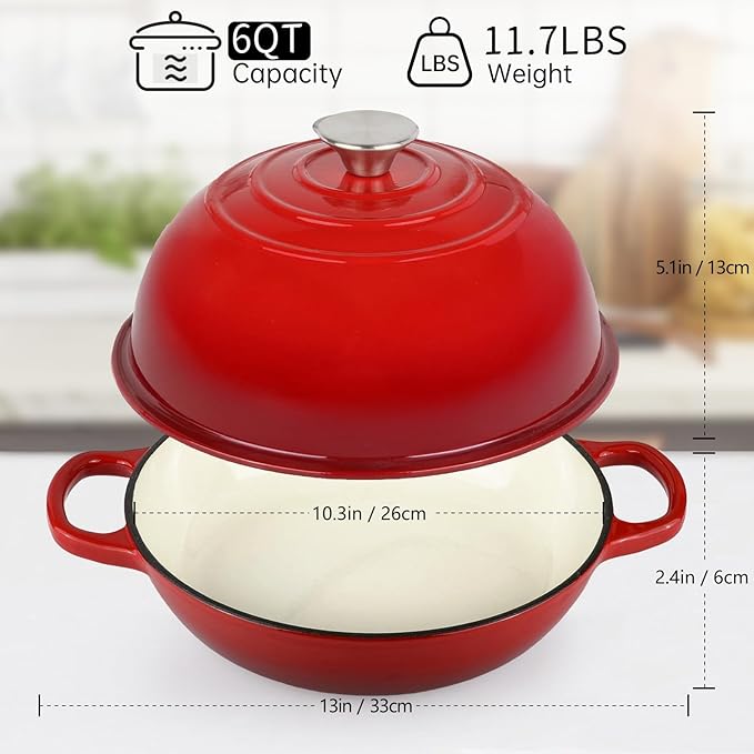 Enameled Cast Iron Bread Oven, Dutch Oven Pot with Lid, 10" Bread Dutch Oven for Sourdough Bread Baking, 6 Quarts Bread Pan with Dome Lid, Non-stick Cookware for Homemade Bread, Red