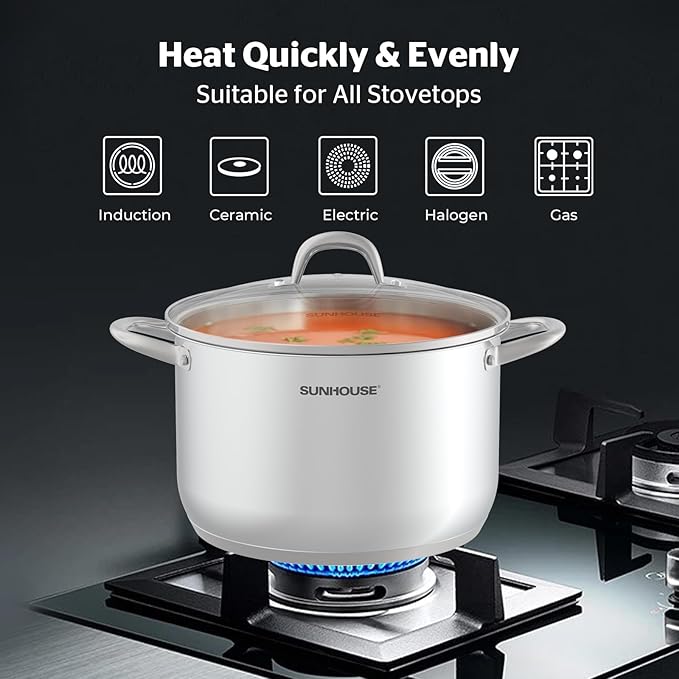 SUNHOUSE Stainless Steel Stock Pot - 11 Quart Heavy-Duty Induction Cooking Pot with Visible Lid for Pasta, Soup, Spaghetti - Nonstick Thick-Bottom Deep Stockpot for Canning, Boiling, and Simmering