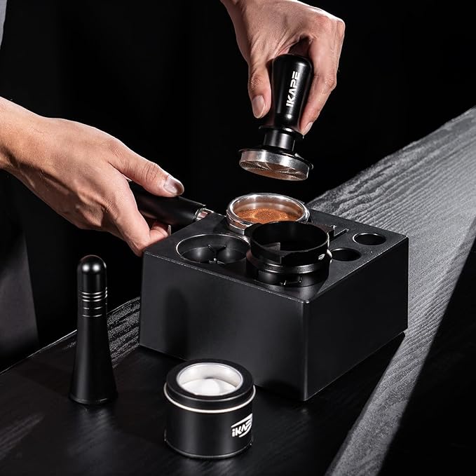 IKAPE 54mm Espresso Tamper Kit 4 in 1 Black, Complete Portafilter accessory set, 53mm Coffee Tamper, WDT Tool, Paper Filters (200pc), Dosing Funnel for Breville Portafilters