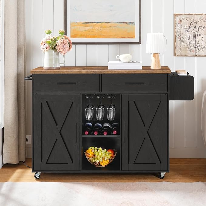 HOOBRO Kitchen Island on Wheels, Rolling Kitchen Island with Power Outlet, Island Table with Storage Cabinet, 2 Drawers, Spice Rack and Towel Rack, Black and Rustic Brown BF14UZD01